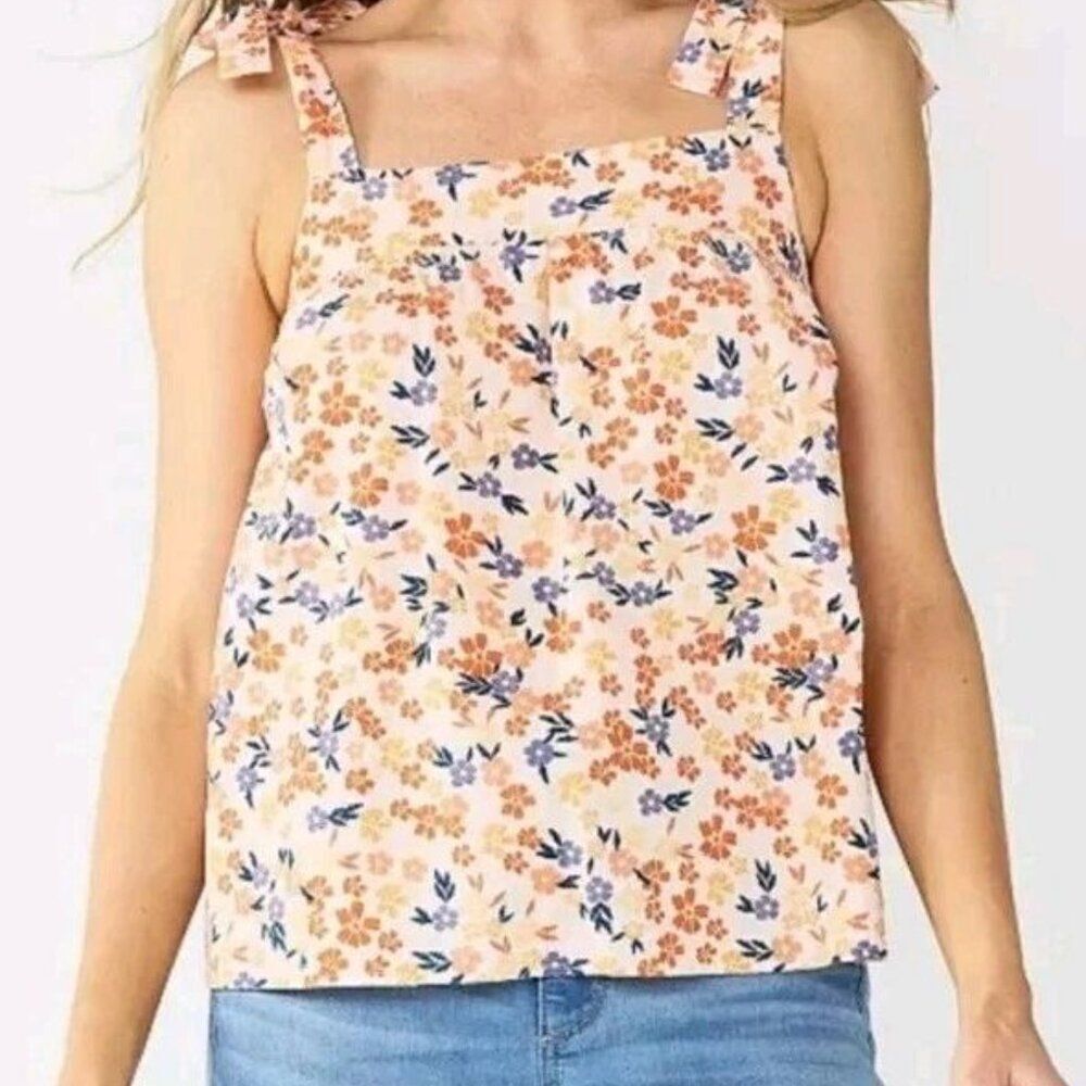Sonoma Linen Blend Floral Flowy Tie Strap Smocked Tank Top Size Medium